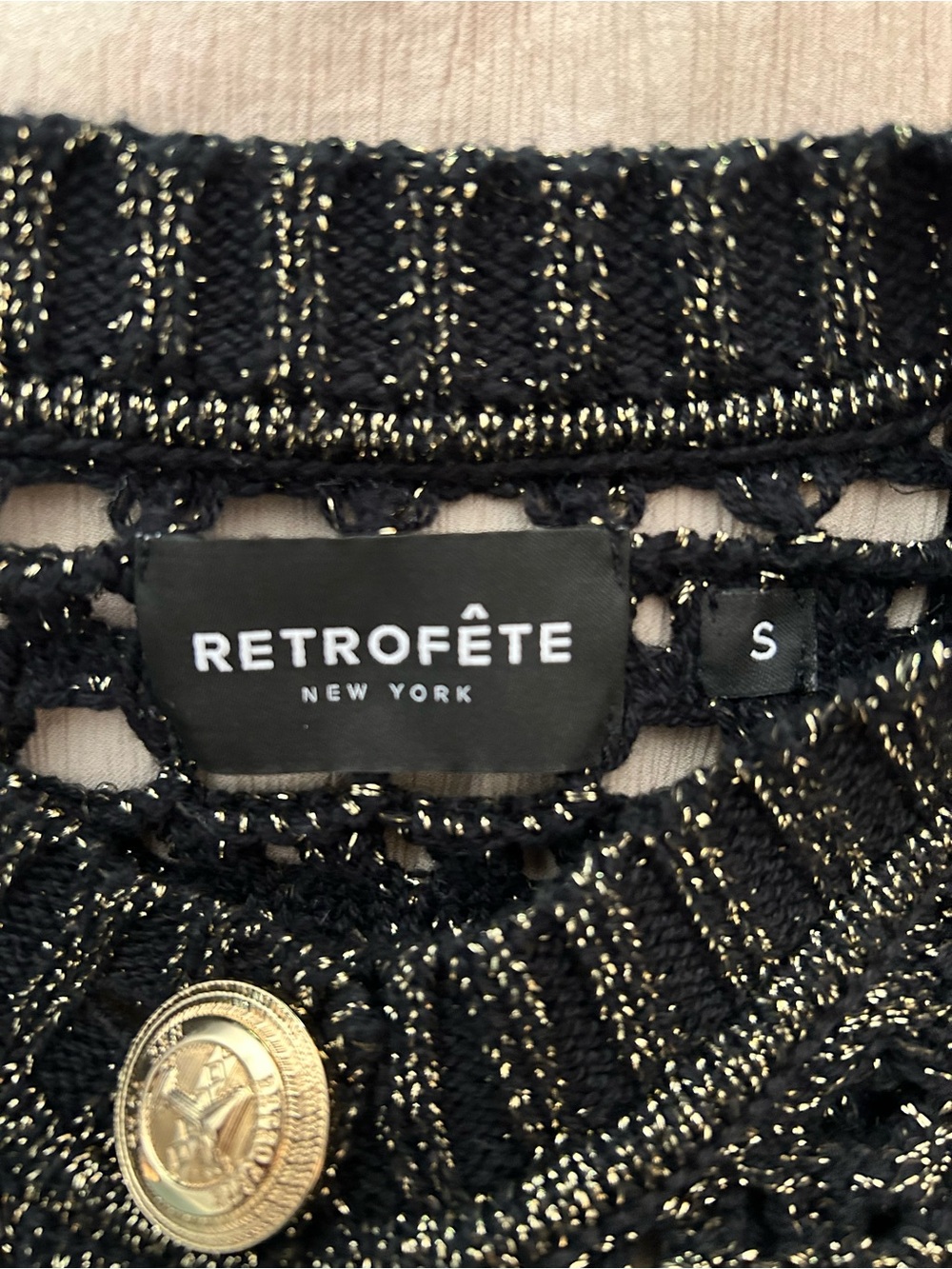 Retrofete Nico Knit Crochet Black Cropped Button Front Tank with Gold Buttons - Picture 6 of 6